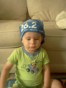 Laura's son, Landon, getting her motivated for the Columbus Marathon